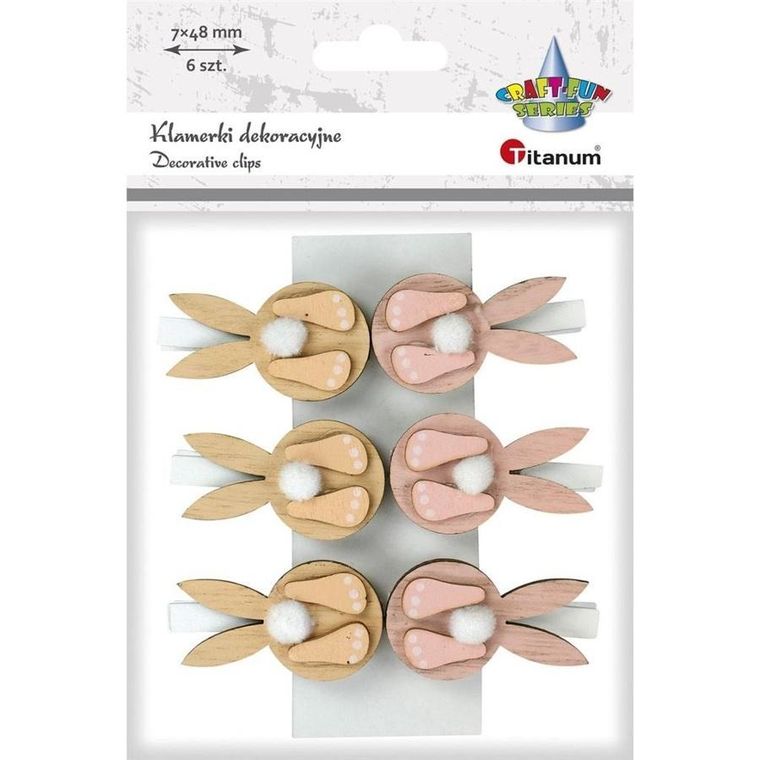 Titanum, ozdoba drewniana, klamerki, zajączki, 6 szt.