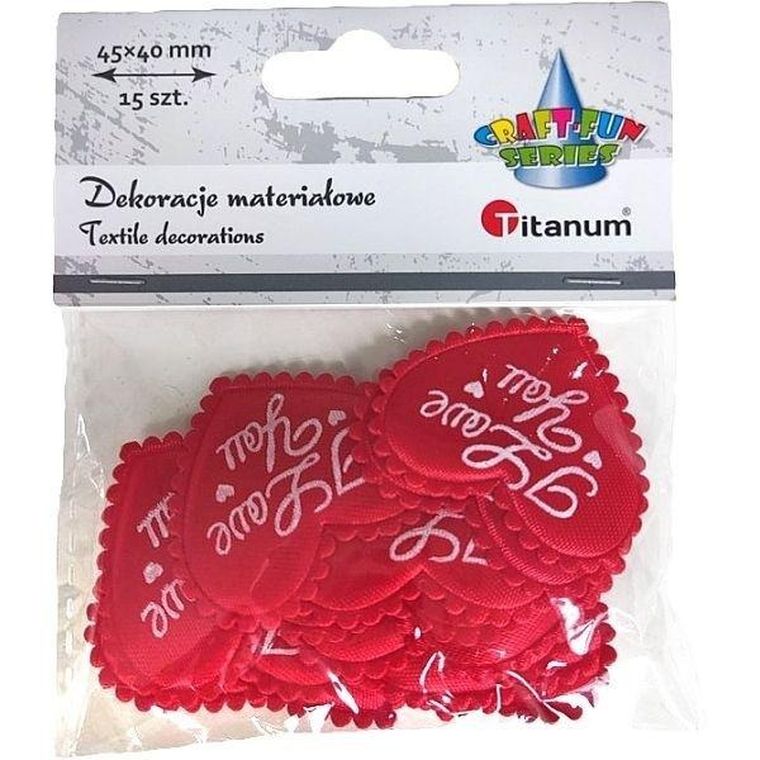 Titanum, ozdoba materiałowa, serca, I Love You, czerwone, 15 szt.