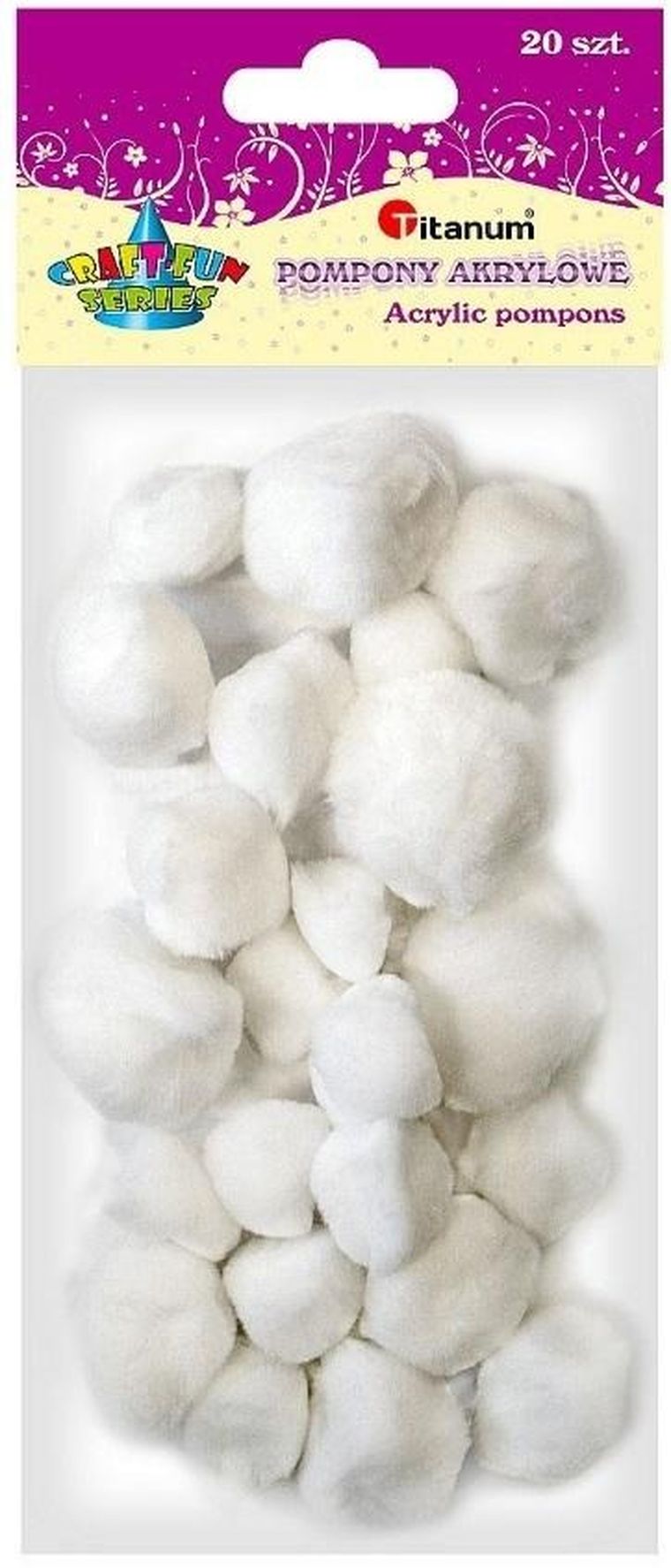 Titanum, pompony akrylowe, białe, 20 szt.