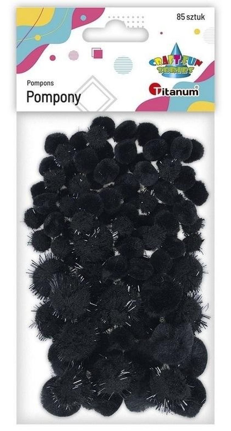 Titanum, pompony akrylowe i brokatowe, czarne, 85 szt.