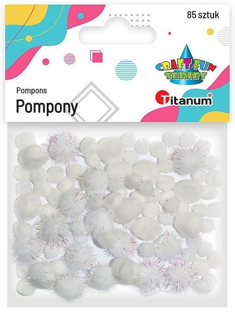 Titanum, pompony akrylowe i brokatowe, mix, białe, 85 szt.