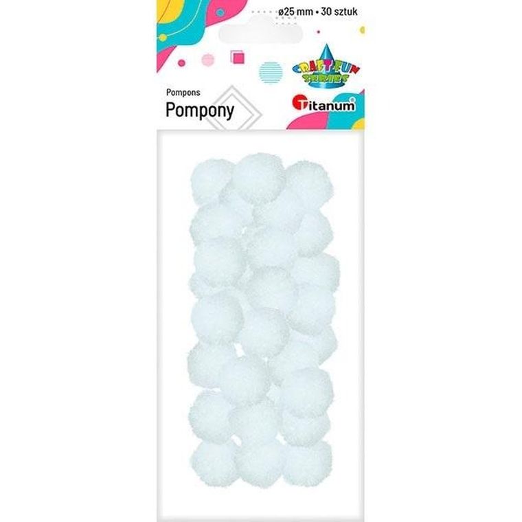 Titanum, pompony poliestrowe, 25mm, białe, 30 szt.