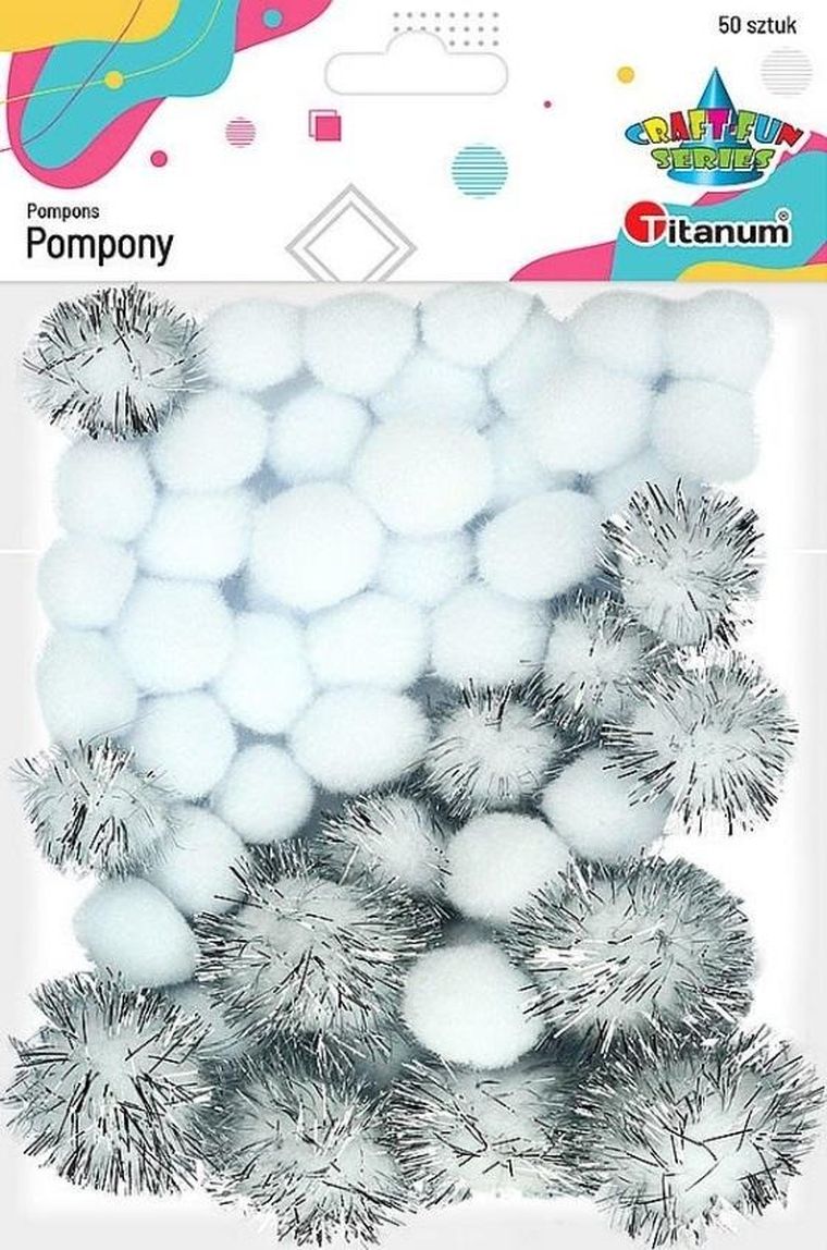 Titanum, pompony poliestrowe, i brokatowe, białe, 50 szt.