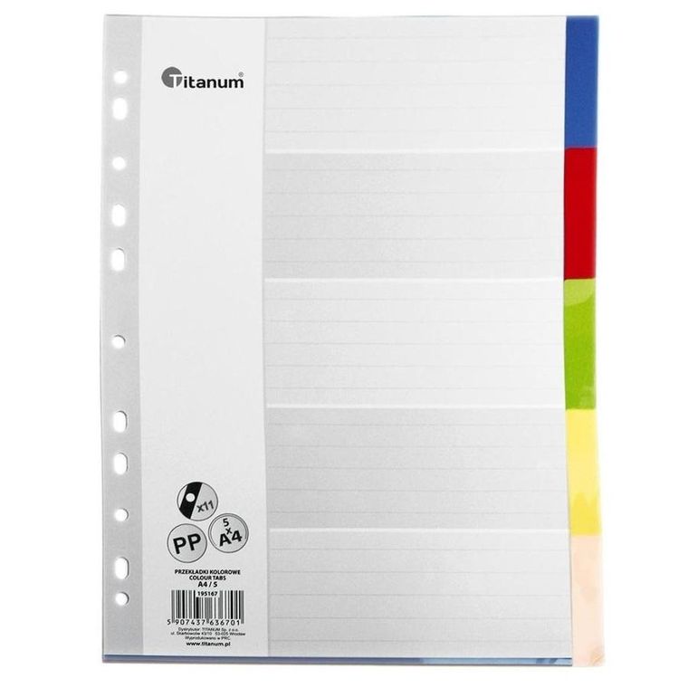 Titanum, przekładki A4, 5 kolorów
