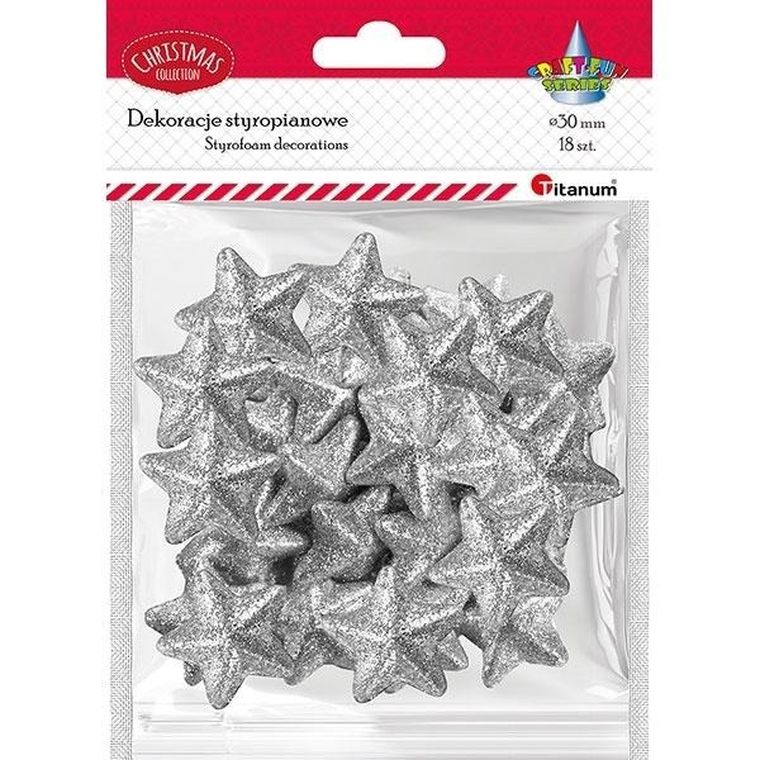Titanum, styropianowe gwiazdki, srebrne, 30-28 mm, 18 szt.