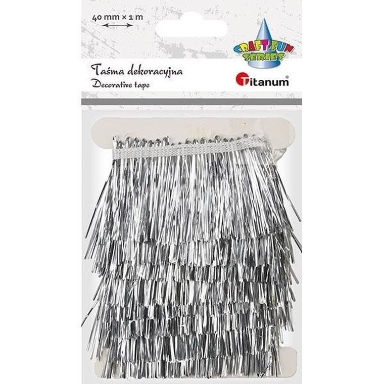 Titanum, taśma z frędzlami plastikowymi, srebrna, 40mmx1m