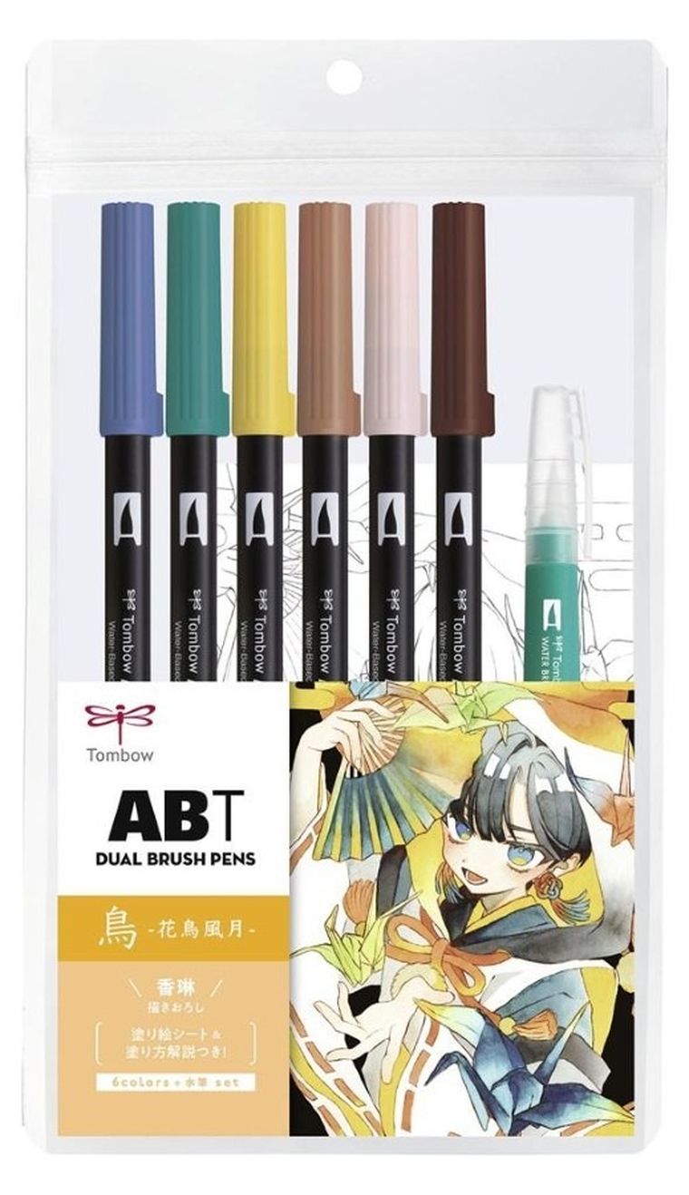Tombow, markery, zestaw z wodnym pędzlem, Manga Bird, 6 kolorów