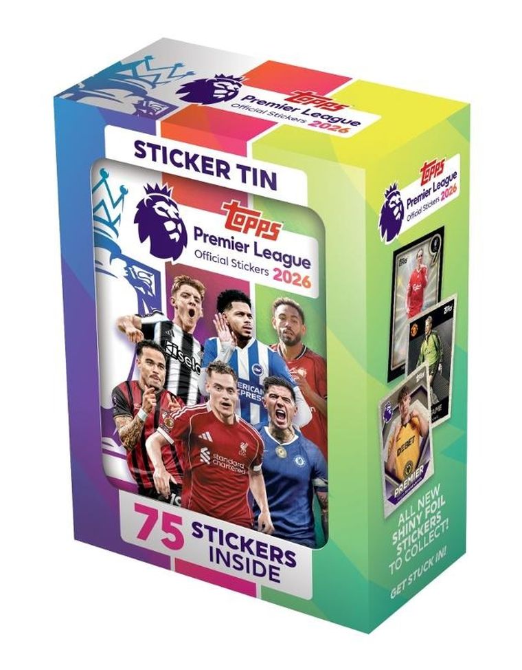 Topps, Premier League 2026, Sticker Tin, puszka z saszetkami z naklejkami kolekcjonerskimi
