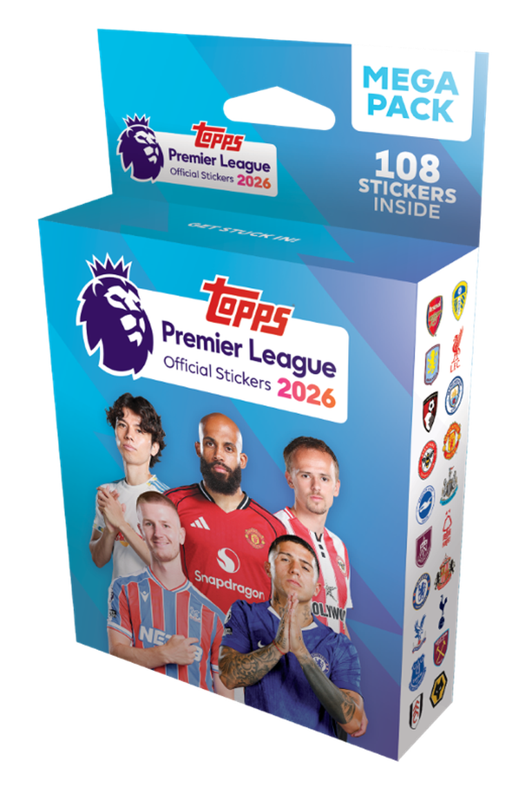 Topps, Premier League 2026, Stickers Mega Pack, zestaw saszetek z naklejkami kolekcjonerskimi, 18 szt.