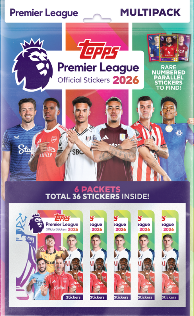 Topps, Premier League 2026, Stickers Multipack, zestaw saszetek z naklejkami kolekcjonerskimi, 6 szt.