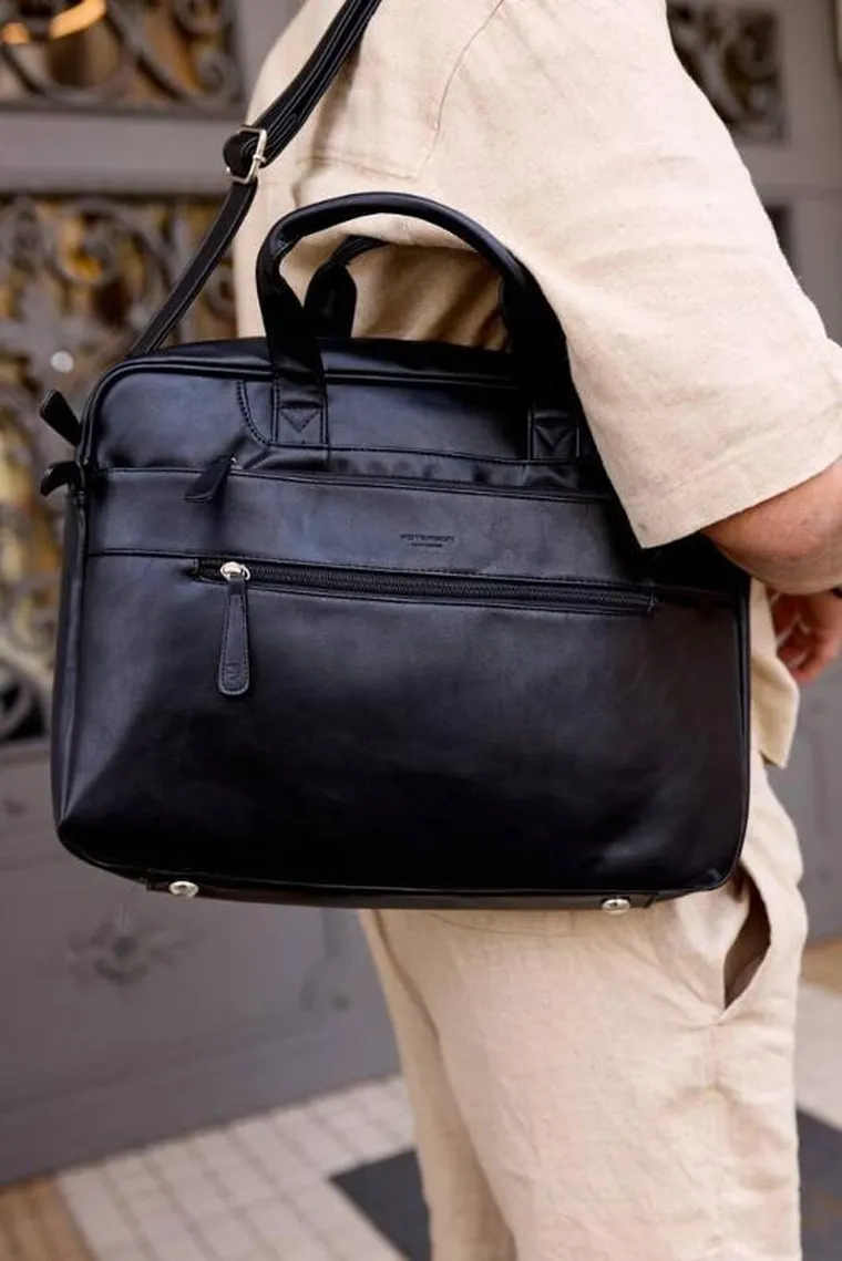 Torba na laptopa, czarna, skóra ekologiczna, 14", Peterson