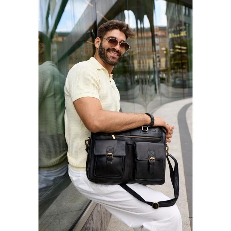 Torba na laptopa, czarna, skórzana, 13,3", Peterson