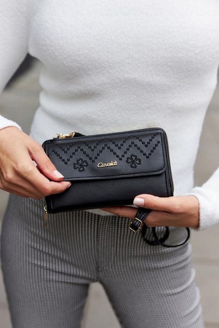 Torebka-portfel, czarna, skóra ekologiczna, Cavaldi