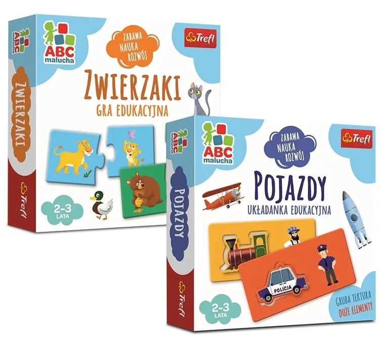 Trefl, ABC Malucha, Zwierzaki, gra edukacyjna + Pojazdy, układanka, zestaw promocyjny