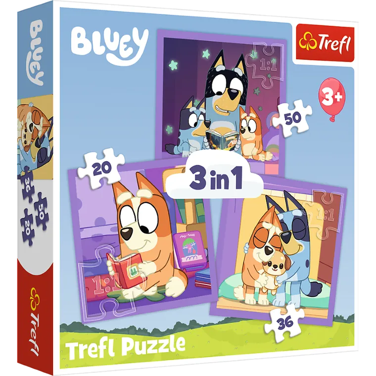 Trefl, Bluey, Poznaj Bluey, puzzle 3w1
