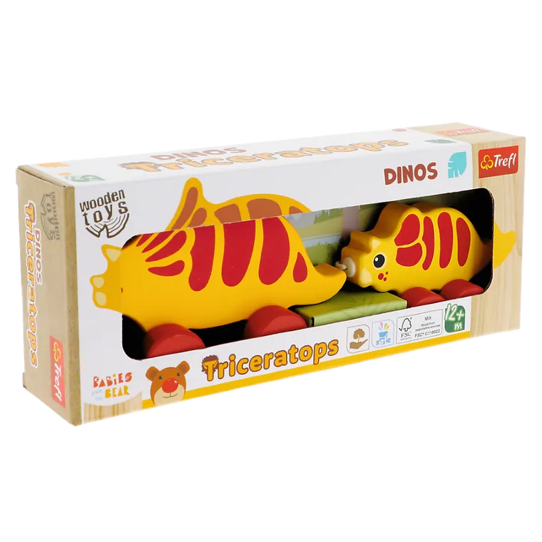 Trefl, Bobaski i Miś, Dinos, Triceratops, drewniana zabawka do ciągnięcia