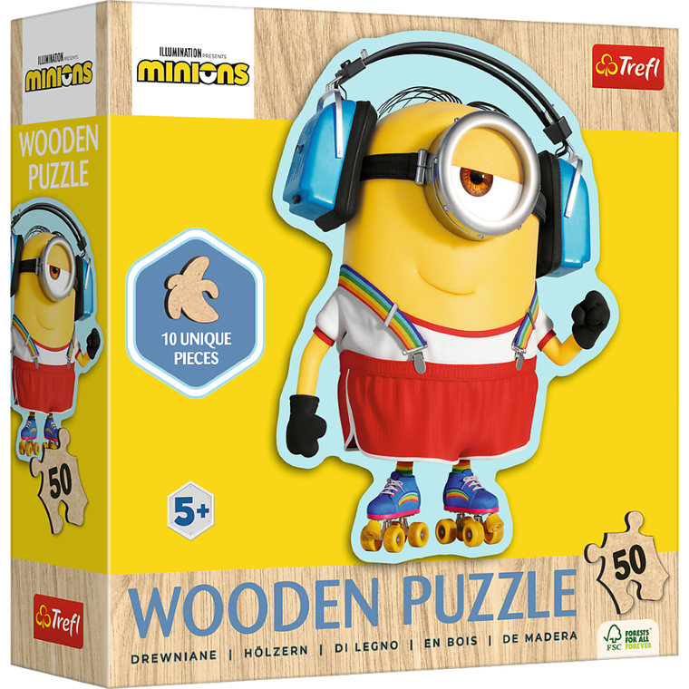 Trefl, Despicable Me 4, Szalony Minionek, drewniane puzzle konturowe, 50 elementów