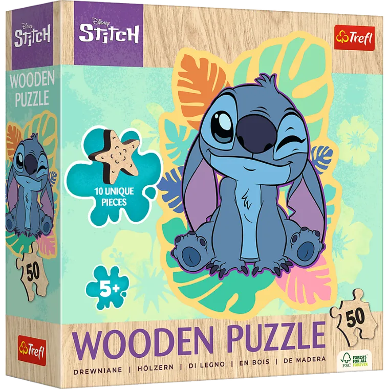Trefl, Lilo i Stitch, Wesoły Stitch, drewniane puzzle konturowe, 50 elementów