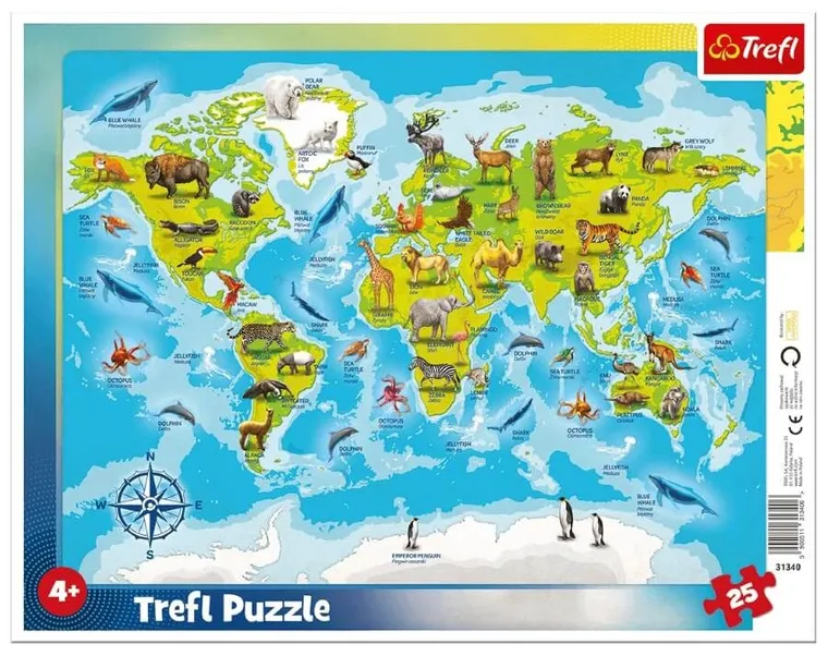 Trefl, Mapa świata ze zwierzętami, puzzle ramkowe, 25 elementów