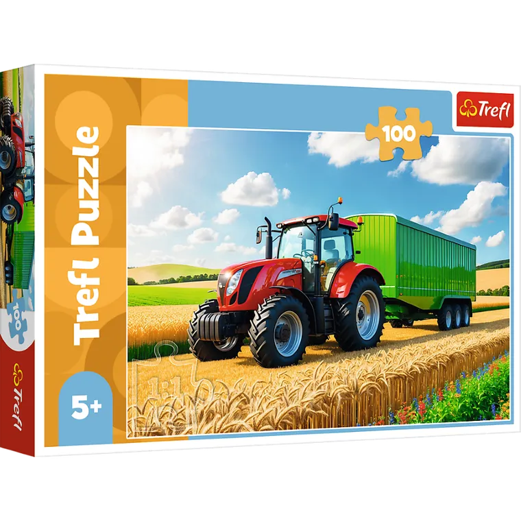 Trefl, Maszyny rolinicze, Traktor z przyczepą, puzzle, 100 elementów