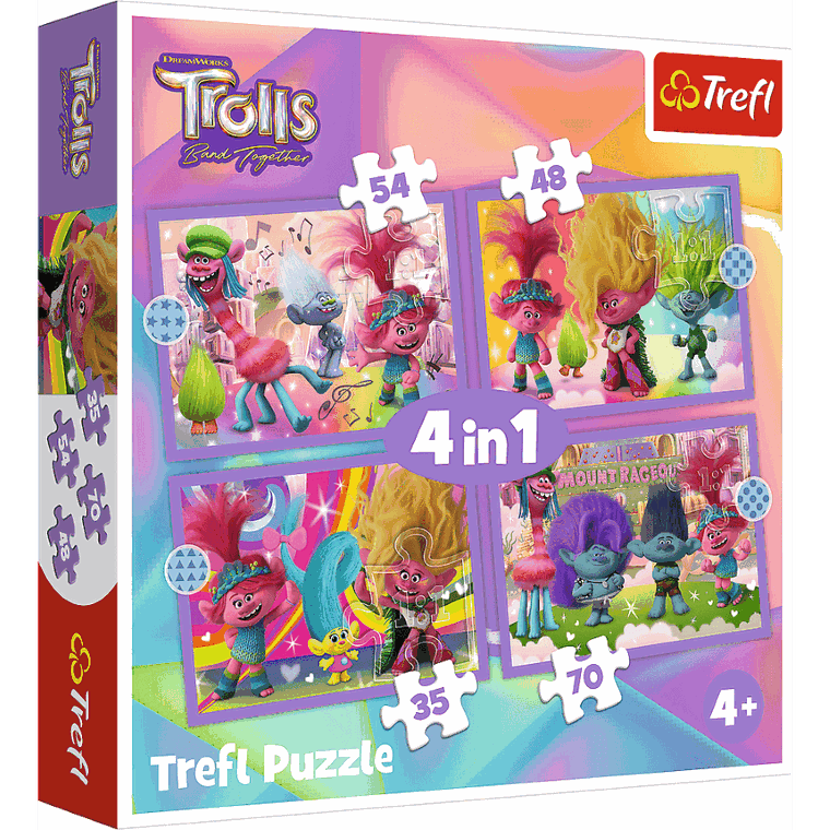Trefl, Przygody kolorowych Trolli, puzzle 4w1