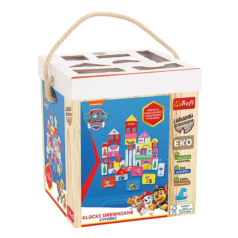 Trefl, Psi Patrol, klocki drewniane, cyferki, 54 elementy