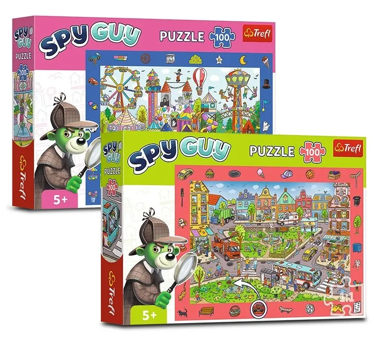 Trefl, Rodzina Treflików, Spy Guy, Wesołe miasteczko + Miasto, puzzle obserwacyjne, 2-100 elementów, zestaw promocyjny