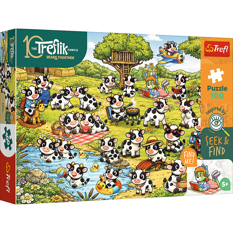 Trefl, Seek & Find, Rodzina Treflików, Świat krówek, puzzle, 100 elementów