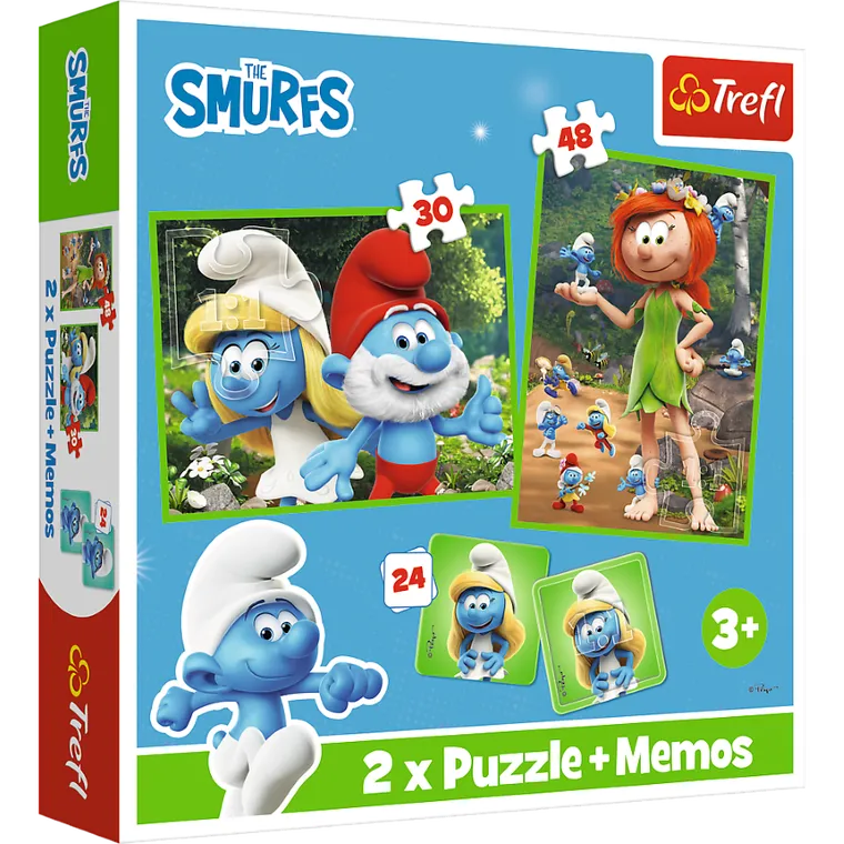 Trefl, Smerfy, Wesołe zabawy Smerfów, puzzle 2w1 + memos