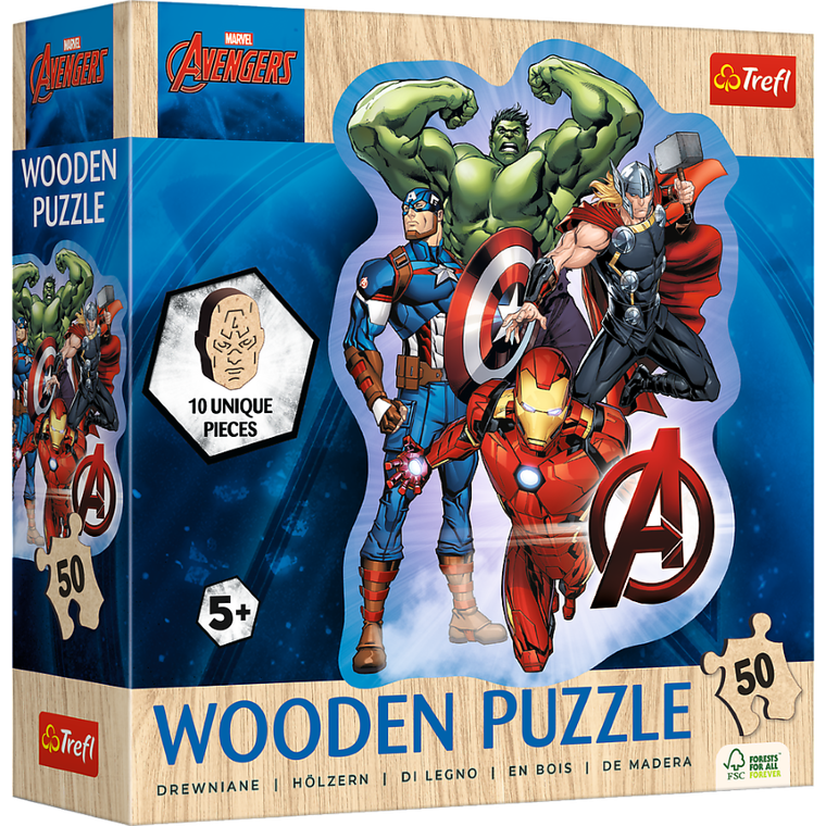 Trefl, The Avengers, Przygody Avengers, puzzle drewniane konturowe, 50 elementów