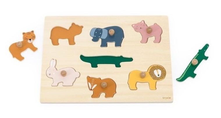 Trixie Baby, drewniana układanka z rączką, zwierzęta, 7 elementów