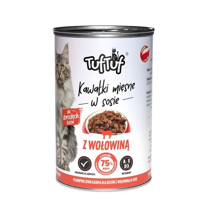 TufTuf, kawałki mięsne z wołowiną, puszka, mokra karma dla kota, 415g