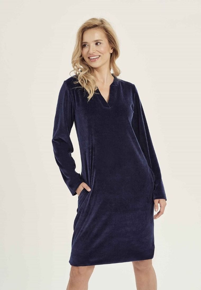 Tunika damska z długim rękawem, welurowa, granatowa, Taro