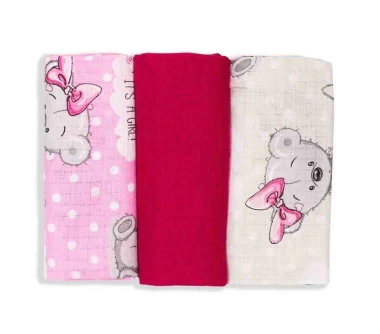 Tup Tup, Różowe Misie, pielucha tetrowa, 70-80 cm, 3 szt.