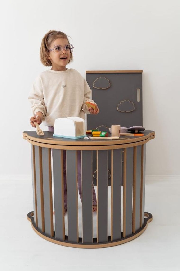 tupti.wood, 3w1: mały bujak montessori + mała zjeżdżalnia, chmurki, szary