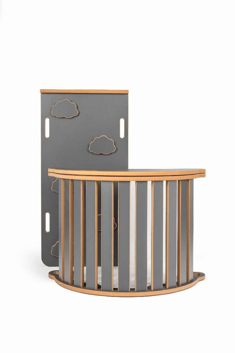 tupti.wood, 3w1: mały bujak montessori z uchwytami + mała zjeżdżalnia, chmurki + blat - szary