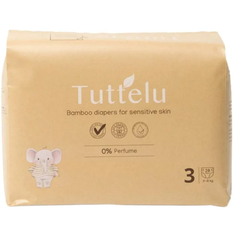 Tuttelu, bambusowe pieluszki jednorazowe, rozmiar 3, 5-9 kg, 28 szt.