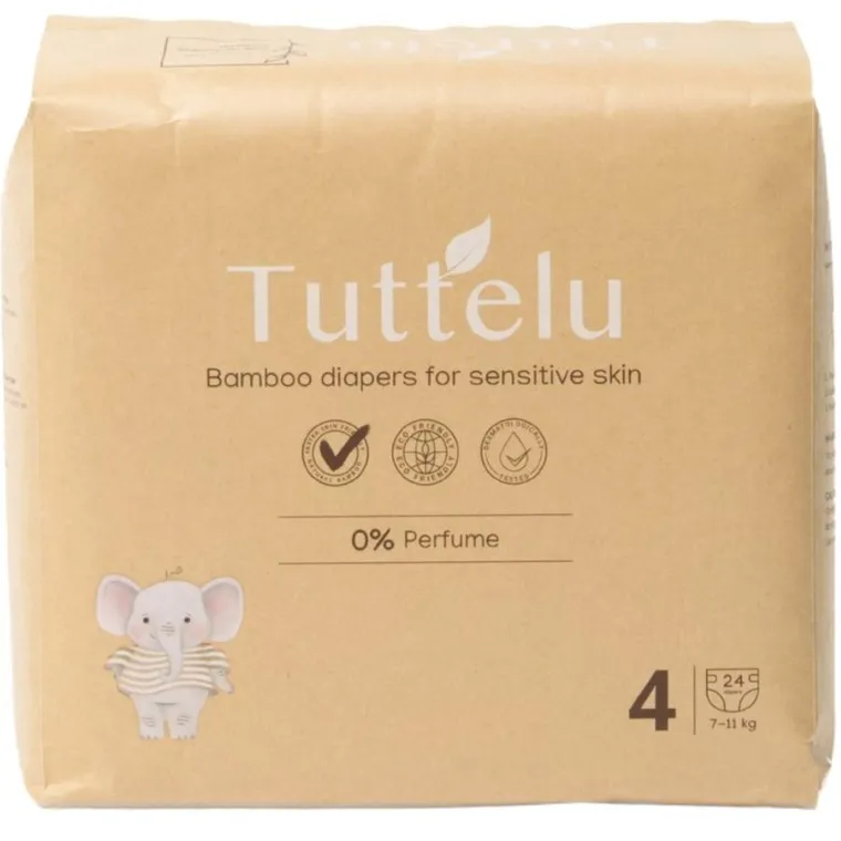 Tuttelu, bambusowe pieluszki jednorazowe, rozmiar 4, 7-11 kg, 24 szt.