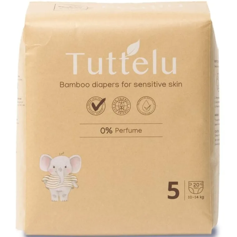 Tuttelu, bambusowe pieluszki jednorazowe, rozmiar 5, 10-14 kg, 20 szt.