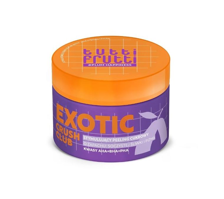 Tutti Frutti, #plumhappiness, stymulujący peeling cukrowy, czarna śliwka + kwasy aha+bha+pha, 250 g