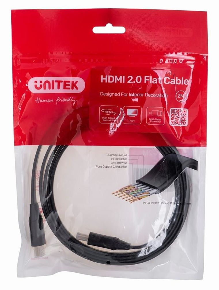 Unitek, kabel HDMI 2.0 4k60hz, płaski, 2m, C11063bk-2m