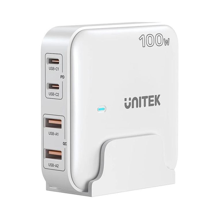 Unitek, ładowarka biurkowa, GAN 100W, 2XUSB-A 2XUSB-C, biała