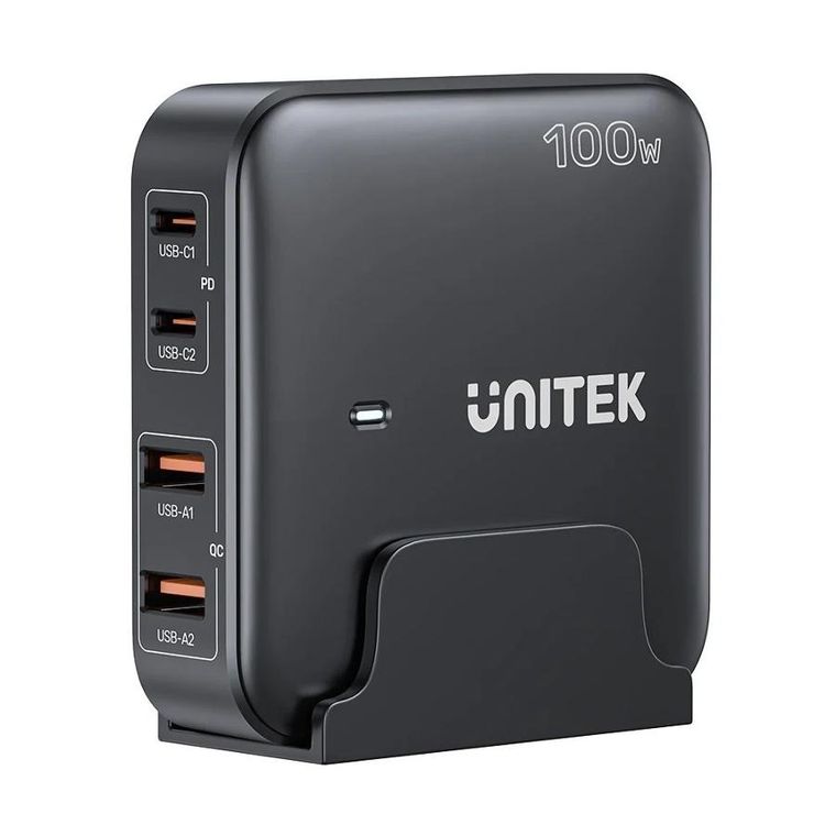 Unitek, ładowarka biurkowa, GAN 100W 2XUSB-A 2XUSB-C, czarna