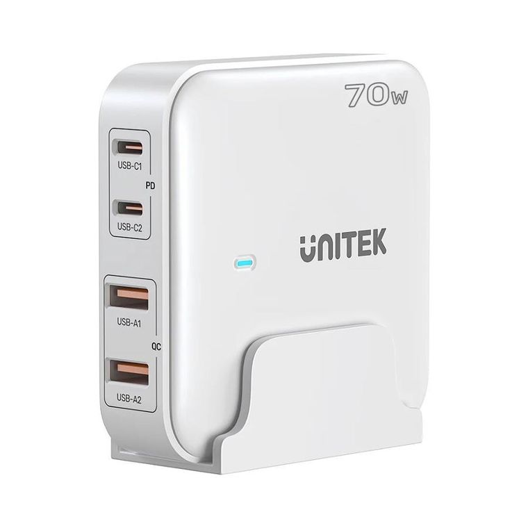Unitek, ładowarka biurkowa, GAN 70W, 2XUSB-A 2XUSB-C, biała
