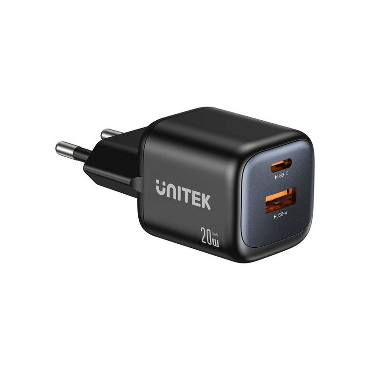 Unitek, ładowarka sieciowa, 2xGAN 20W, USB-C, USB-A, czarna