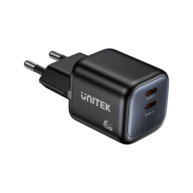 Unitek, ładowarka sieciowa, 2xGAN 45W, 2xUSB-C, PD 3.0, czarna