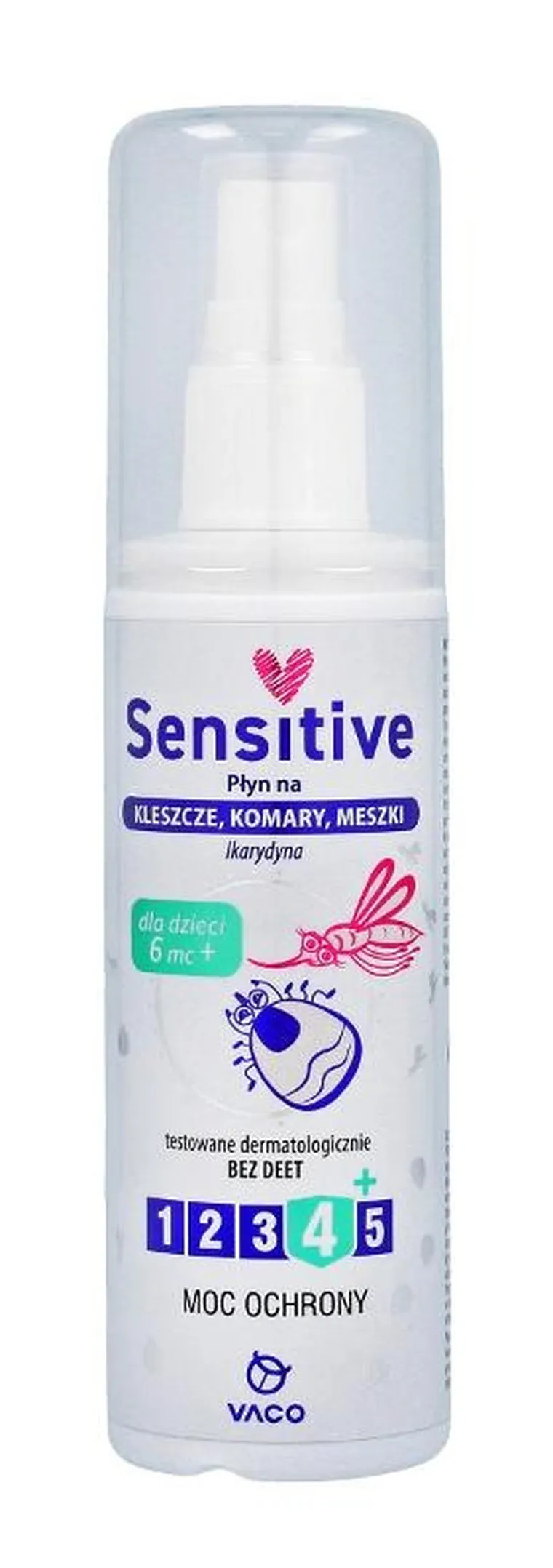 Vaco, Sensitive, płyn na kleszcze, komary, meszki, ikarydyna 10%, od 6. miesiąca życia, 80 ml
