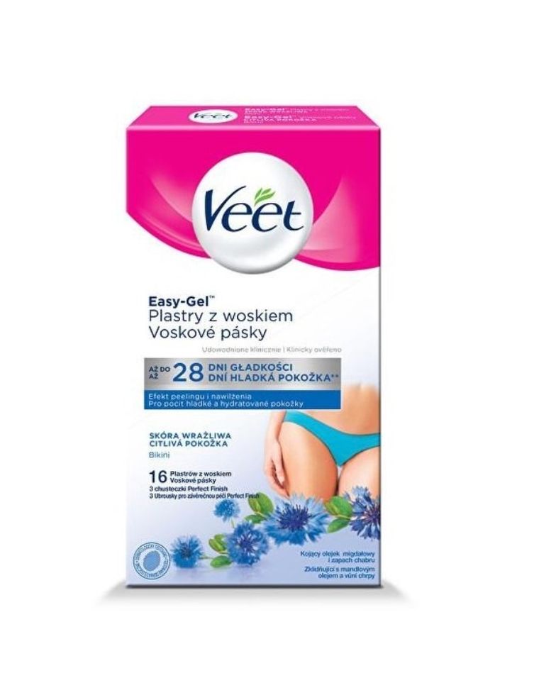 Veet, plastry z woskiem do depilacji bikini dla skóry wrażliwej, 16 szt.