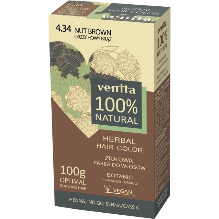 Venita, Herbal Hair Color, ziołowa farba do włosów, 4.34 Orzechowy Brąz, 100 g