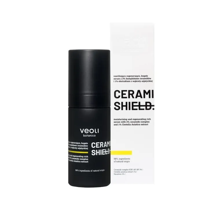 Veoli Botanica, Ceramide Shield, nawilżająco-regenerujące bogate serum z 3% kompleksem ceramidów i 1% ekstraktem z wąkroty azjatyckiej, 30 ml